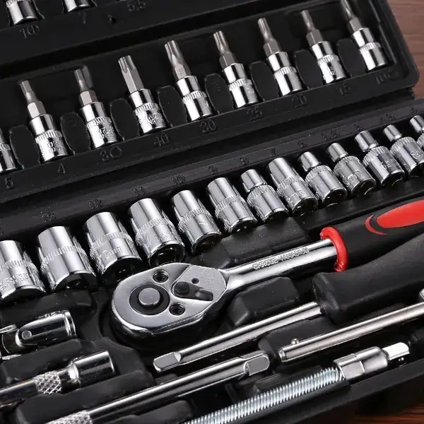 Professional auto mechanic tool kit with various wrenches and sockets arranged in a case.